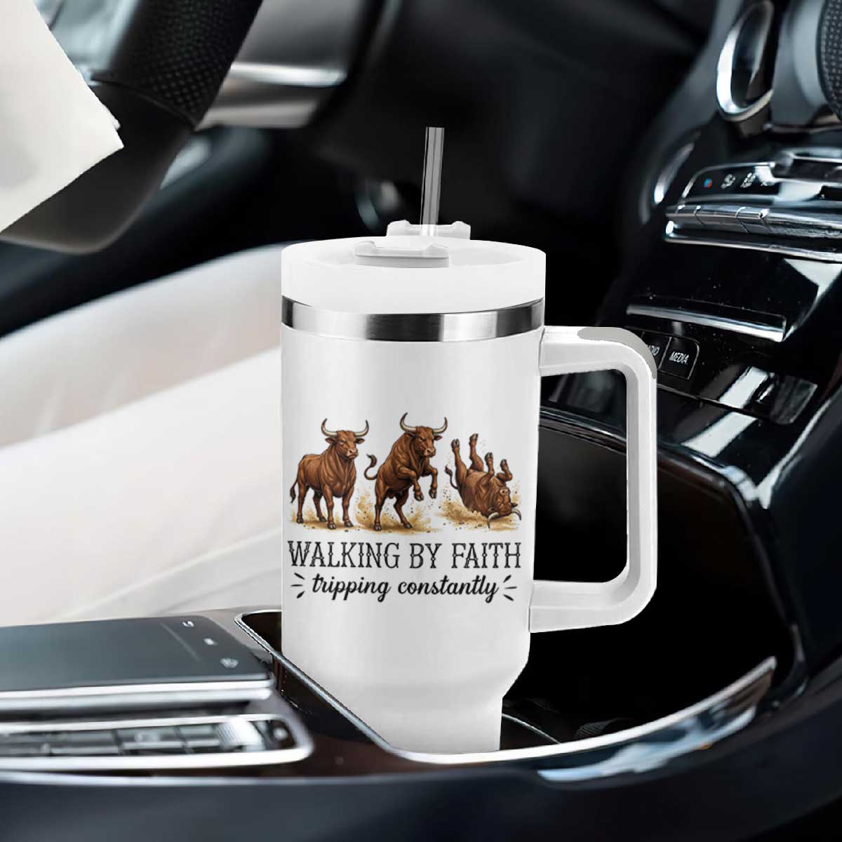 Funny Bull Western Christian Gift Tumbler With Handle Walking By Faith Tripping Constantly