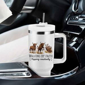 Funny Bull Western Christian Gift Tumbler With Handle Walking By Faith Tripping Constantly