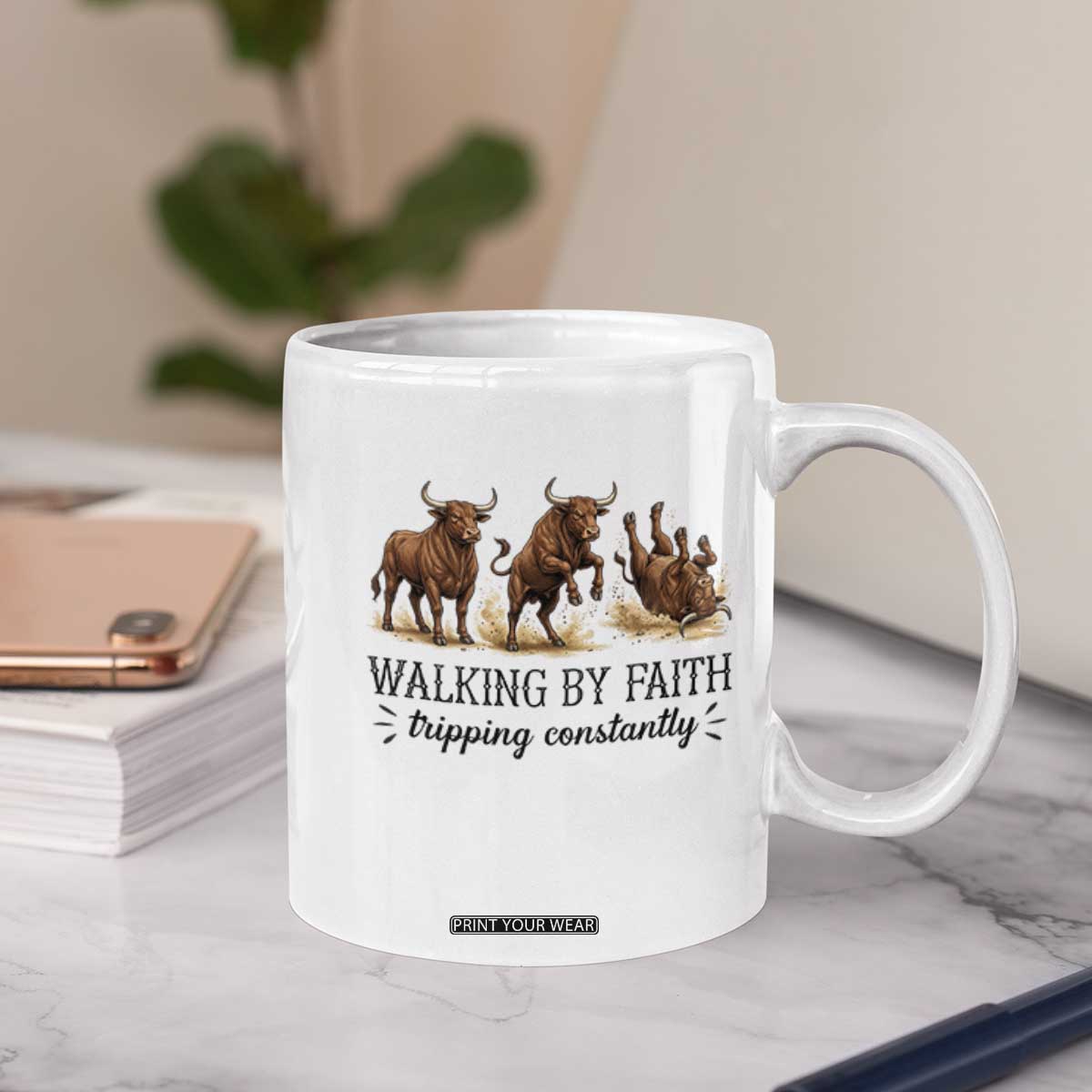 Funny Bull Western Christian Gift Coffee Mug Walking By Faith Tripping Constantly