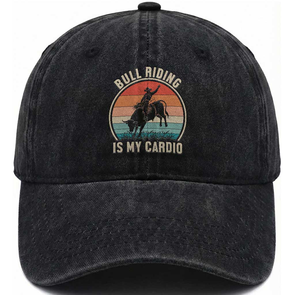 Vintage Cowboy Bucking Bull Gift Washed Cotton Baseball Cap Bull Riding Is My Cardio