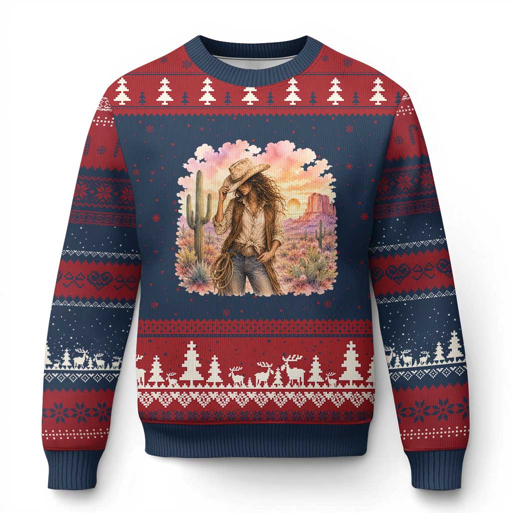 Cowgirl Western Graphic Ugly Christmas Sweater Wild West Boho Desert Rodeo Gift