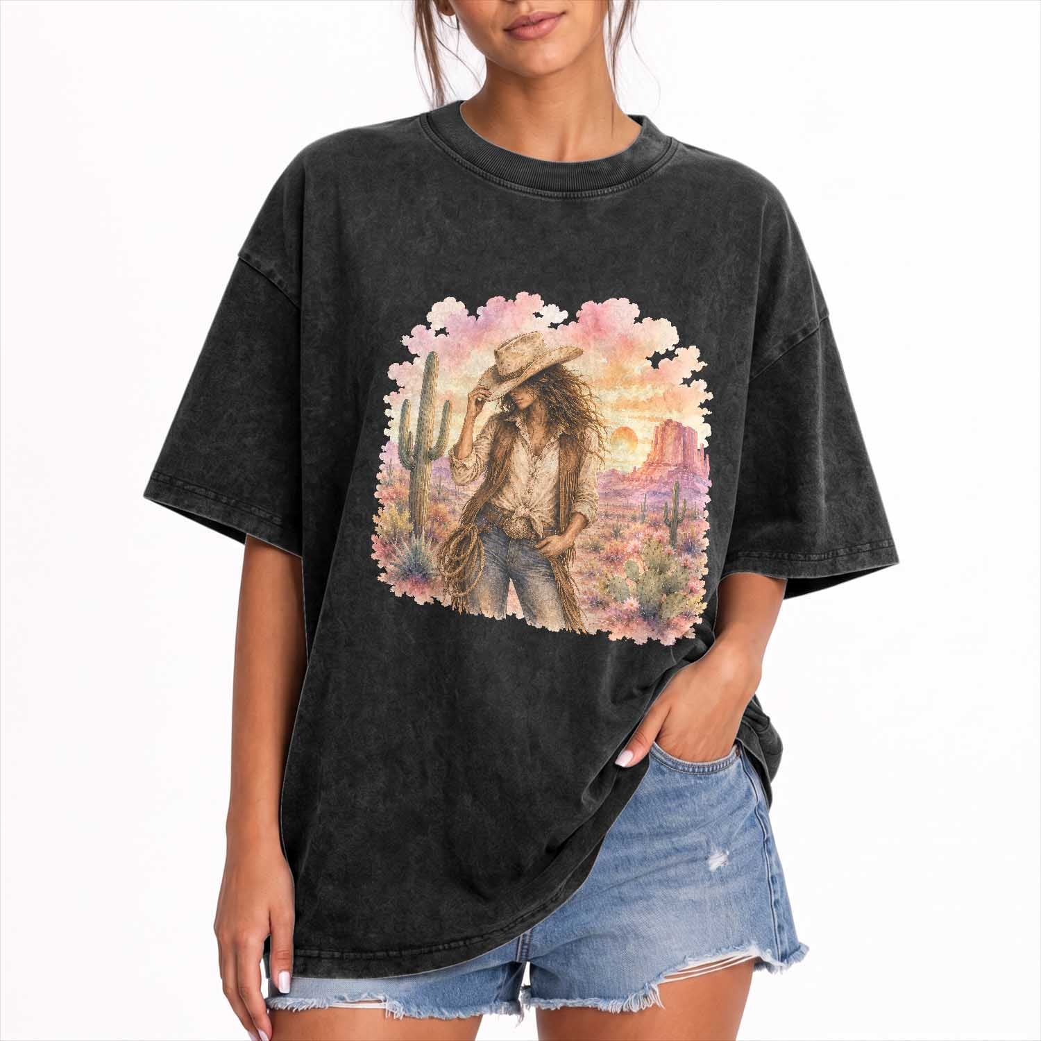 Cowgirl Western Graphic Washed Cotton T-Shirt Wild West Boho Desert Rodeo Gift