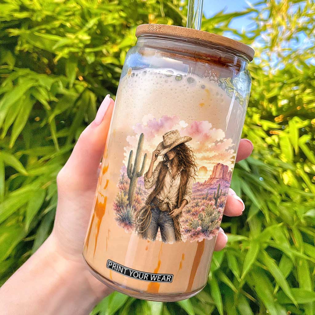 Cowgirl Western Graphic Glass Can Wild West Boho Desert Rodeo Gift