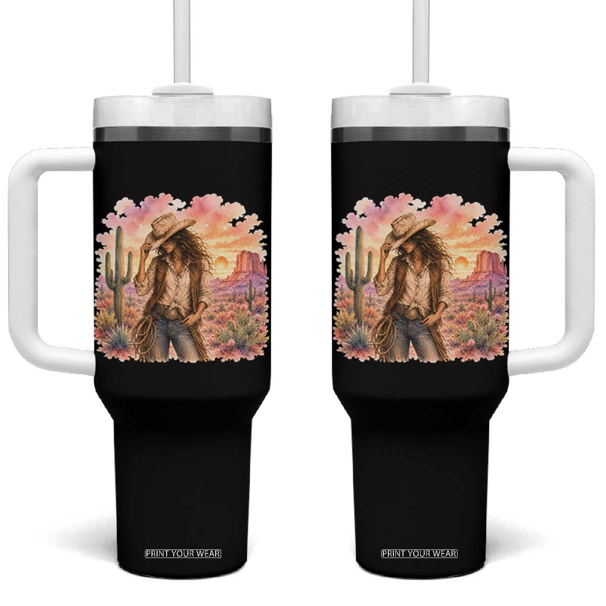 Cowgirl Western Graphic Tumbler With Handle Wild West Boho Desert Rodeo Gift