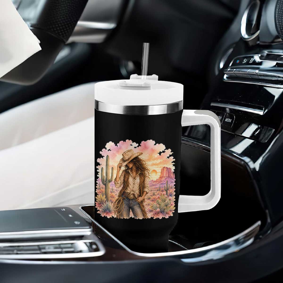 Cowgirl Western Graphic Tumbler With Handle Wild West Boho Desert Rodeo Gift