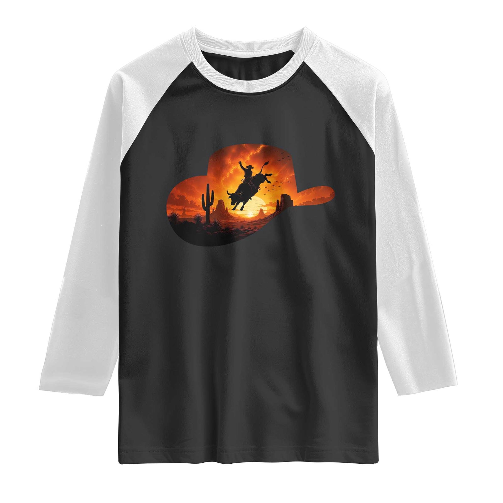 Vintage Cowboy Rodeo Bull Rider Raglan Shirt Bucking Bull Desert Sunset Western Gift