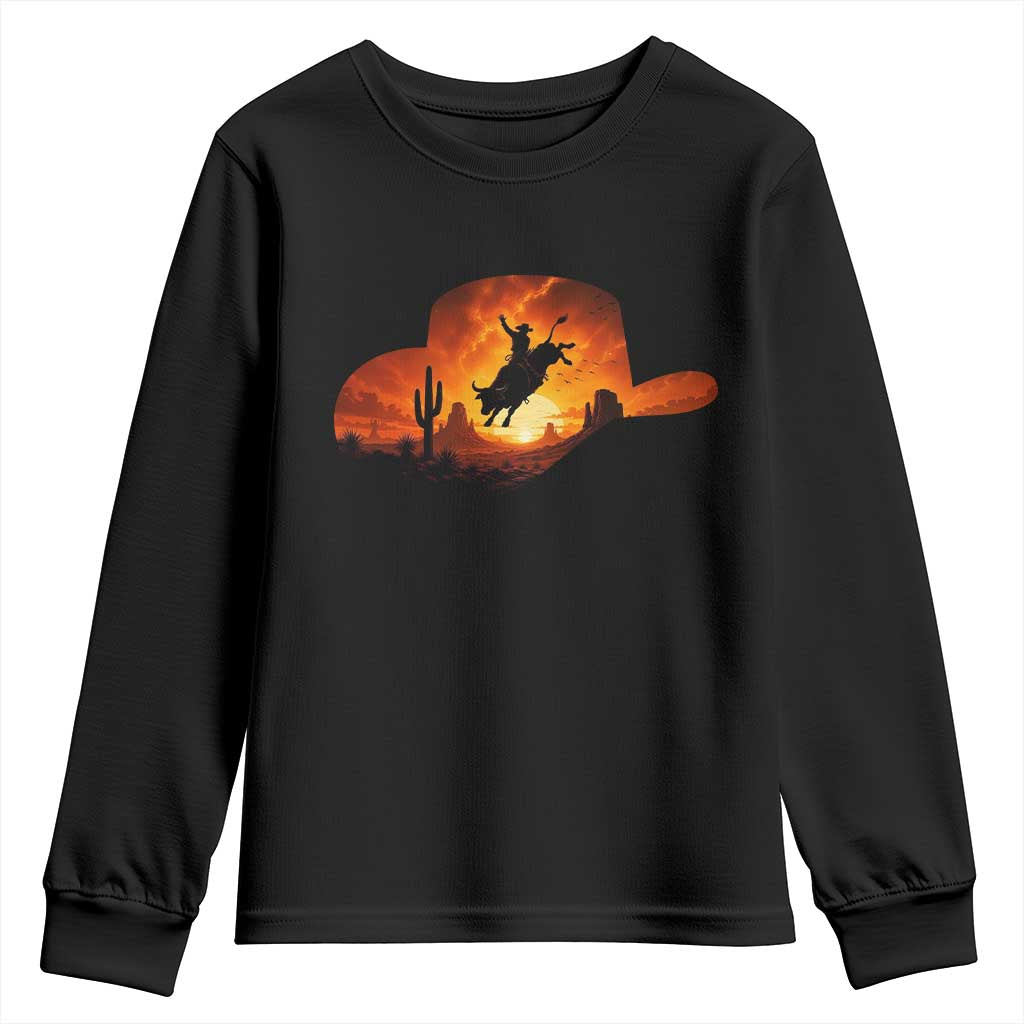 Vintage Cowboy Rodeo Bull Rider Youth Sweatshirt Bucking Bull Desert Sunset Western Gift