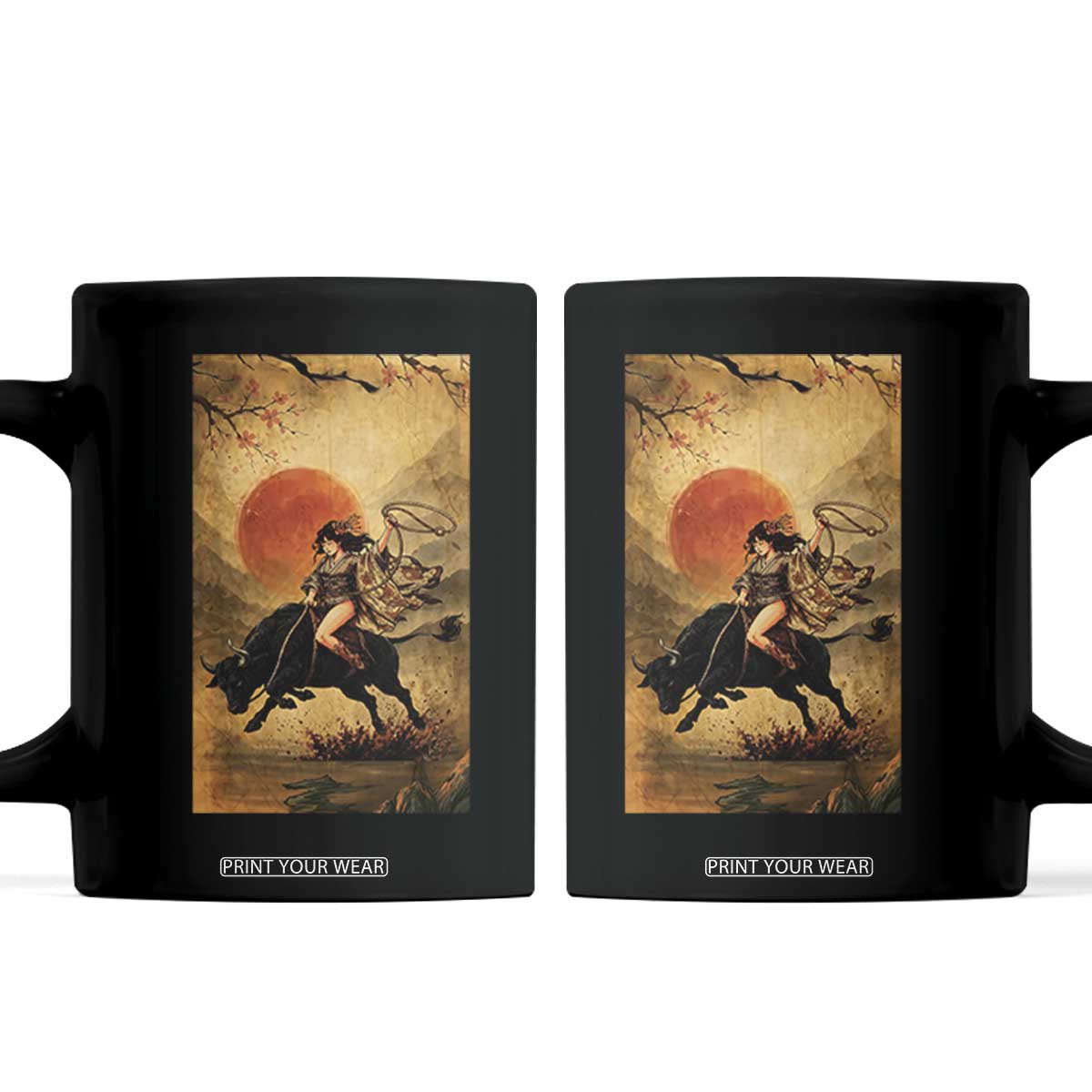 Japanese Geisha Cowgirl Bull Rider Coffee Mug Ukiyoe Kimono Vintage Western Rodeo Gift