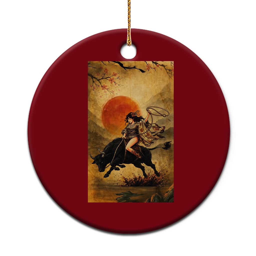 Japanese Geisha Cowgirl Bull Rider Ceramic Ornament Ukiyoe Kimono Vintage Western Rodeo Gift
