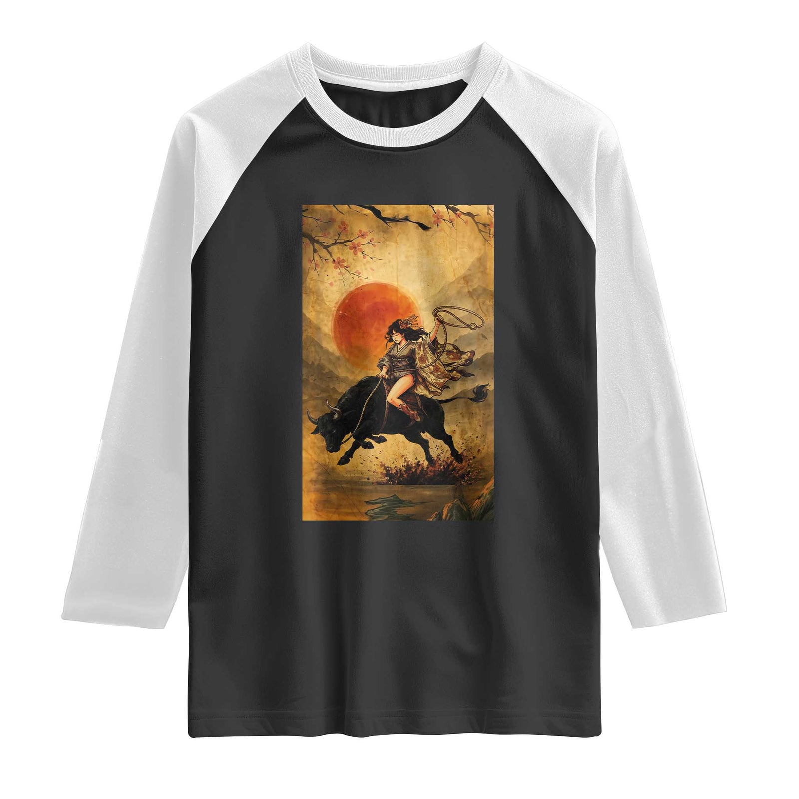 Japanese Geisha Cowgirl Bull Rider Raglan Shirt Ukiyoe Kimono Vintage Western Rodeo Gift