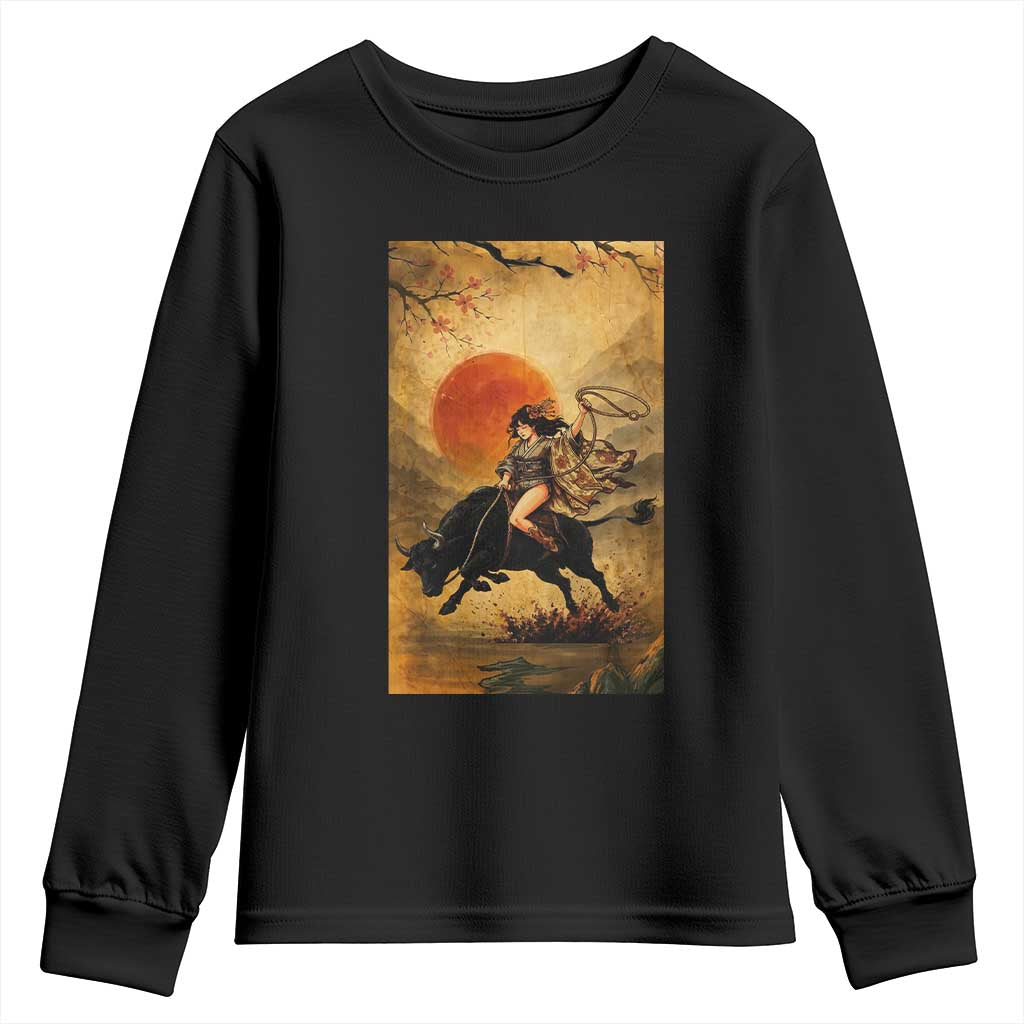 Japanese Geisha Cowgirl Bull Rider Youth Sweatshirt Ukiyoe Kimono Vintage Western Rodeo Gift