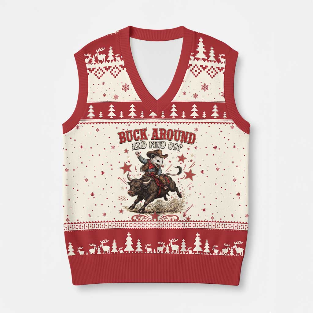 Funny Buck Around And Find Out Opossum Bull Rider V-Neck Knit Sweater Vest Cowboy Western Gift