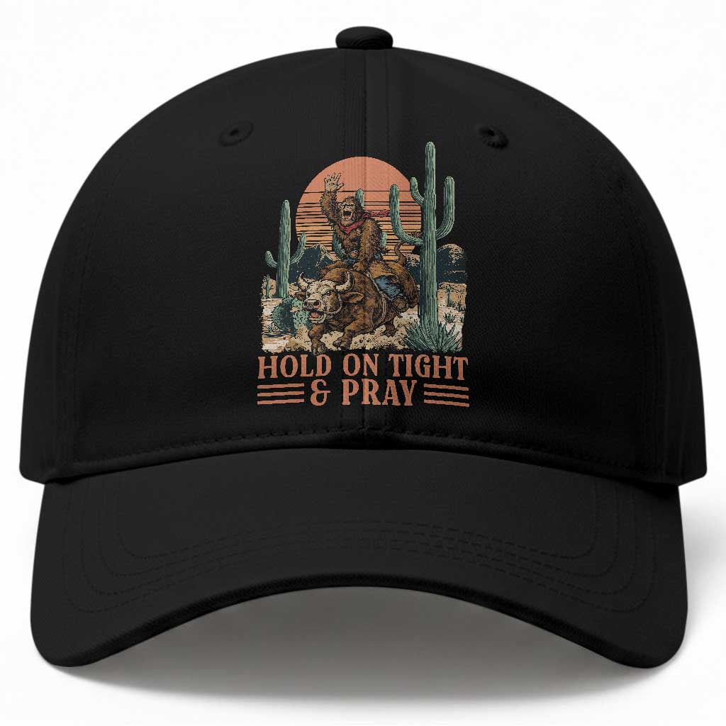 Funny Hold On Tight And Pray Bigfoot Bull Rider Baseball Cap Western Rodeo Gift