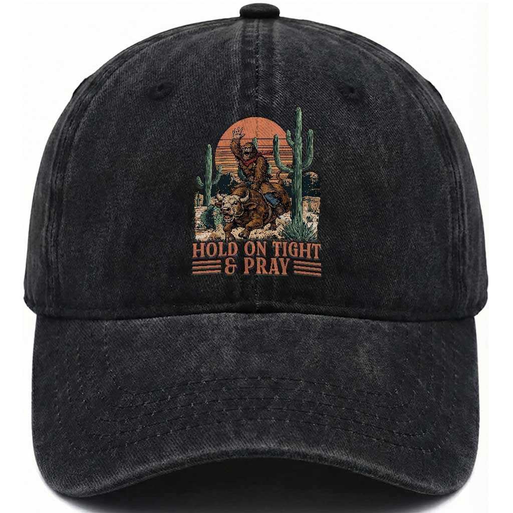 Funny Hold On Tight And Pray Bigfoot Bull Rider Washed Cotton Baseball Cap Western Rodeo Gift
