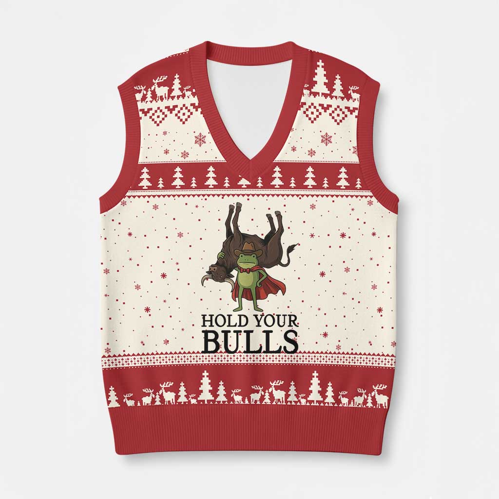 Hold Your Horses Cowboy Frog Meme V-Neck Knit Sweater Vest Funny Western Bull Gift