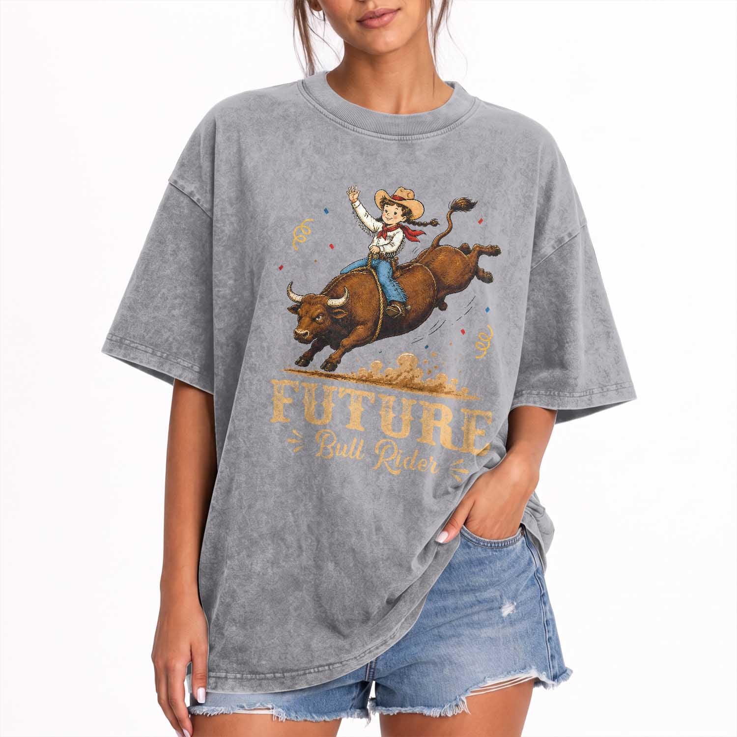 Cute Cowgirl Rodeo Western Gift Washed Cotton T-Shirt Future Bull Rider