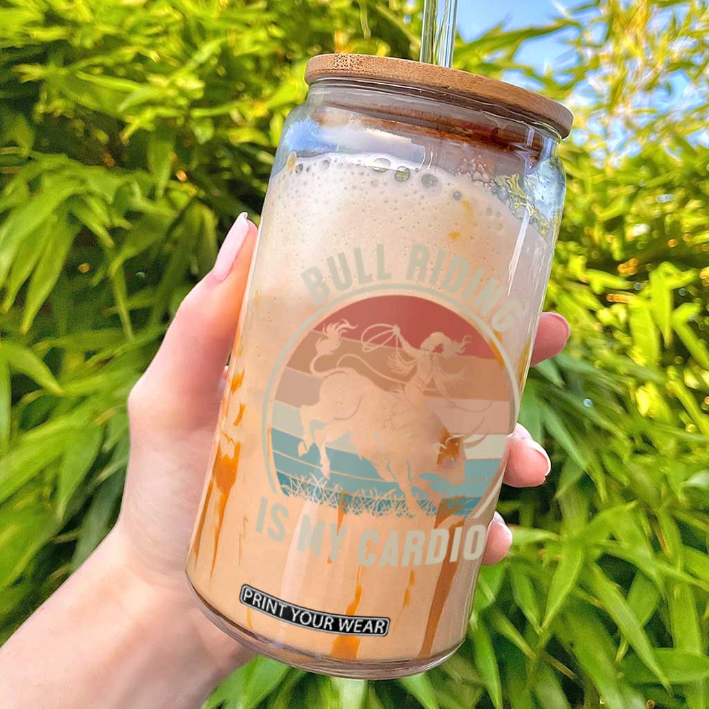 Vintage Cowgirl Bucking Bull Gift Glass Can Bull Riding Is My Cardio