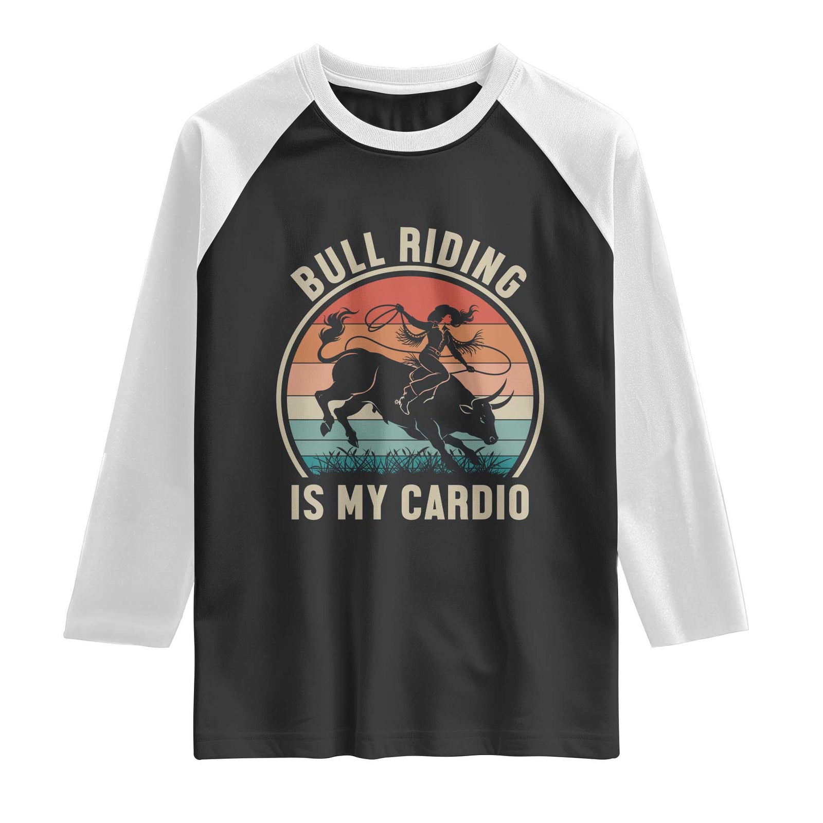 Vintage Cowgirl Bucking Bull Gift Raglan Shirt Bull Riding Is My Cardio