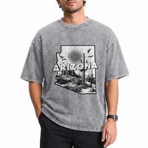Arizona Cactus Vintage State Map Desert Gift Washed Cotton T-Shirt