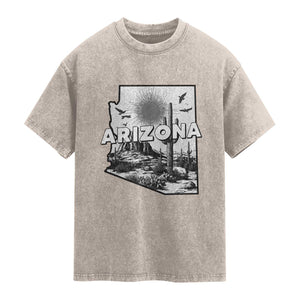 Arizona Cactus Vintage State Map Desert Gift Washed Cotton T-Shirt