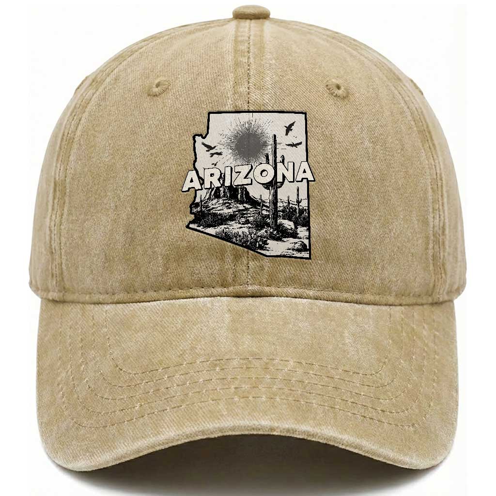 Arizona Cactus Vintage State Map Desert Gift Washed Cotton Baseball Cap TS12 Washed Cap Universal Fit Khaki Print Your Wear