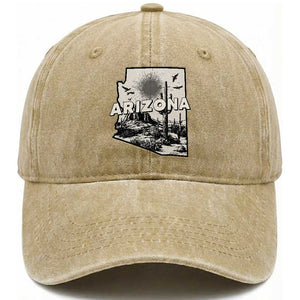 Arizona Cactus Vintage State Map Desert Gift Washed Cotton Baseball Cap TS12 Washed Cap Universal Fit Khaki Print Your Wear