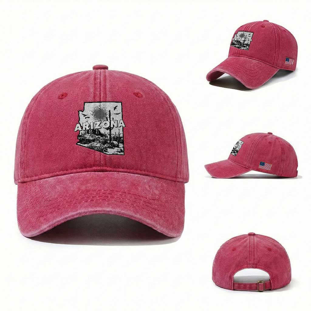 Arizona Cactus Vintage State Map Desert Gift Washed Cotton Baseball Cap TS12 Washed Cap Universal Fit Red Print Your Wear