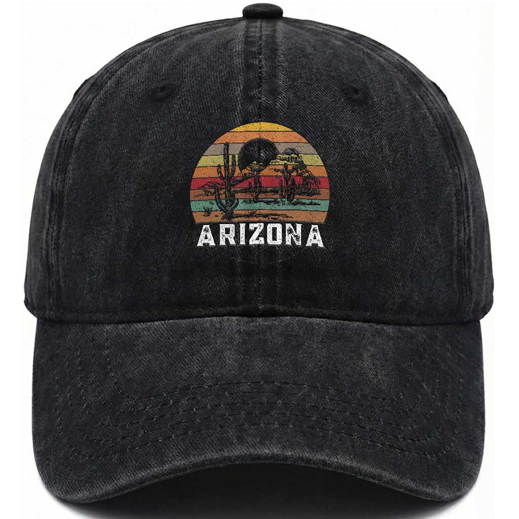 Arizona Washed Cotton Baseball Cap Retro Desert Landscape Cactus Lover Gift TS12 Washed Cap Universal Fit Black Print Your Wear