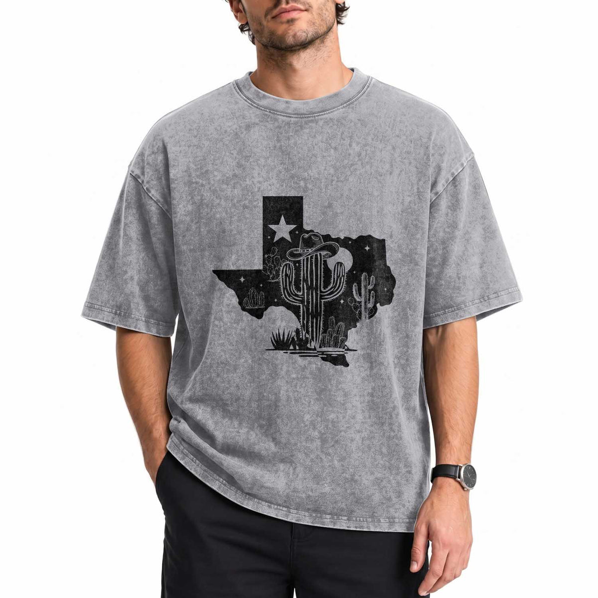 Western Pride Gift Washed Cotton T-Shirt Cactus Texas Map With Cowboy Hat