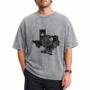 Western Pride Gift Washed Cotton T-Shirt Cactus Texas Map With Cowboy Hat