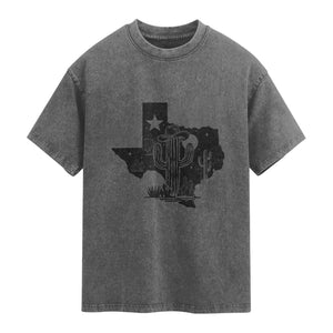 Western Pride Gift Washed Cotton T-Shirt Cactus Texas Map With Cowboy Hat