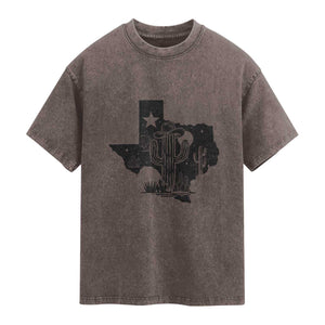 Western Pride Gift Washed Cotton T-Shirt Cactus Texas Map With Cowboy Hat
