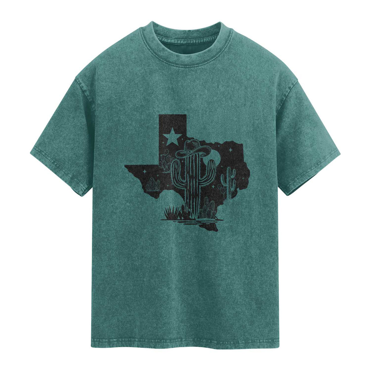 Western Pride Gift Washed Cotton T-Shirt Cactus Texas Map With Cowboy Hat
