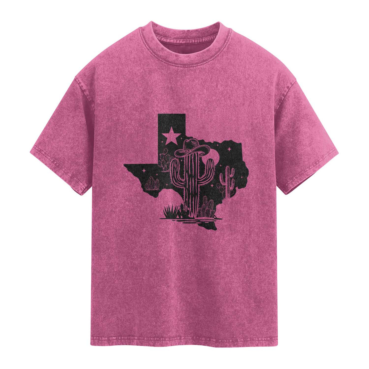 Western Pride Gift Washed Cotton T-Shirt Cactus Texas Map With Cowboy Hat