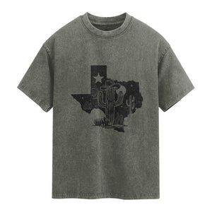 Western Pride Gift Washed Cotton T-Shirt Cactus Texas Map With Cowboy Hat