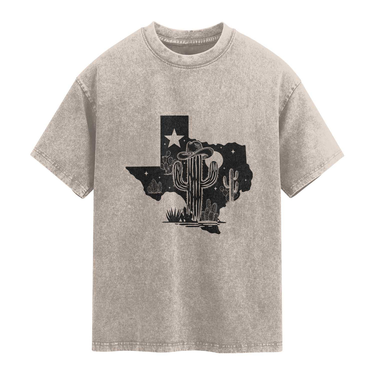 Western Pride Gift Washed Cotton T-Shirt Cactus Texas Map With Cowboy Hat