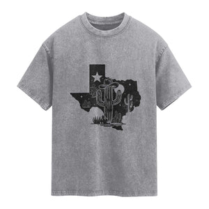 Western Pride Gift Washed Cotton T-Shirt Cactus Texas Map With Cowboy Hat