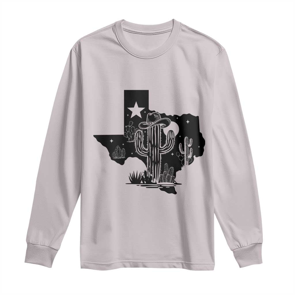 Western Pride Gift Long Sleeve Shirt Cactus Texas Map With Cowboy Hat TS12 Ice Gray Print Your Wear