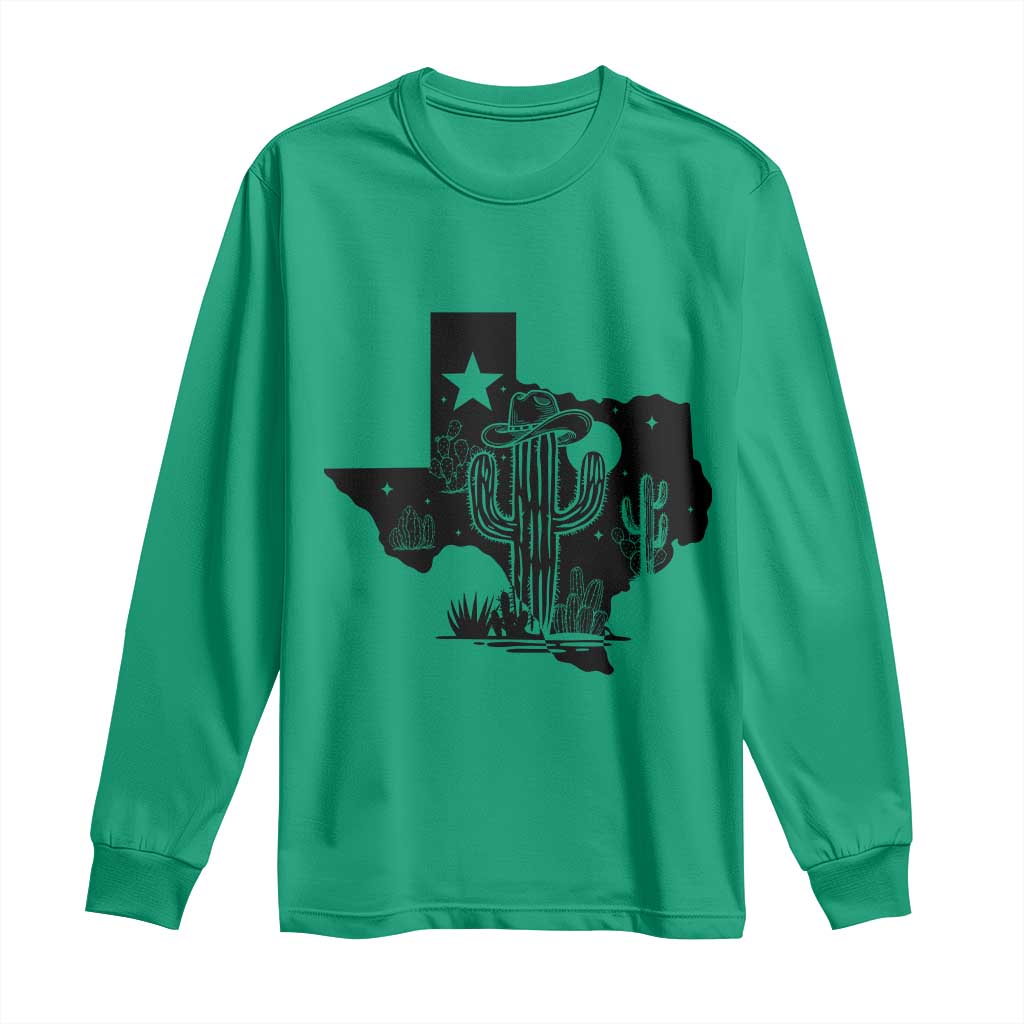 Western Pride Gift Long Sleeve Shirt Cactus Texas Map With Cowboy Hat TS12 Irish Green Print Your Wear