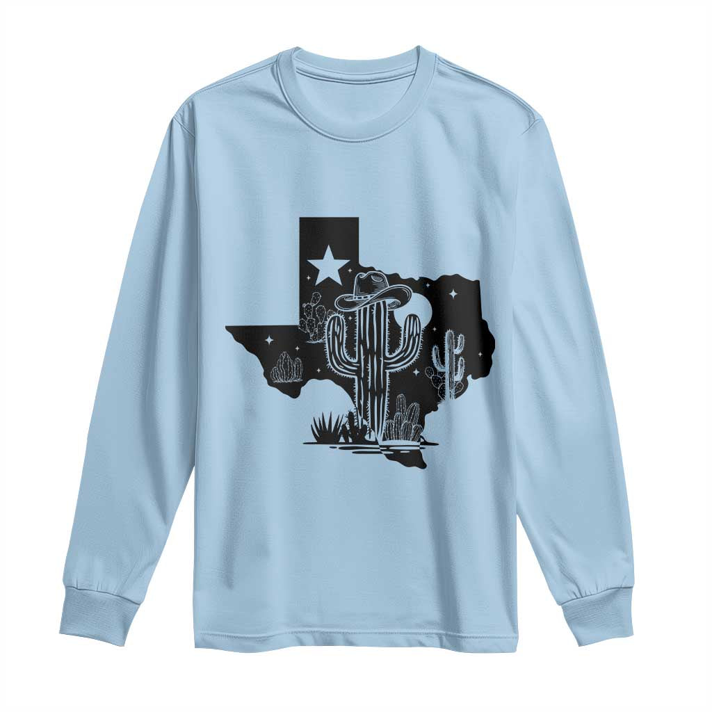 Western Pride Gift Long Sleeve Shirt Cactus Texas Map With Cowboy Hat TS12 Light Blue Print Your Wear