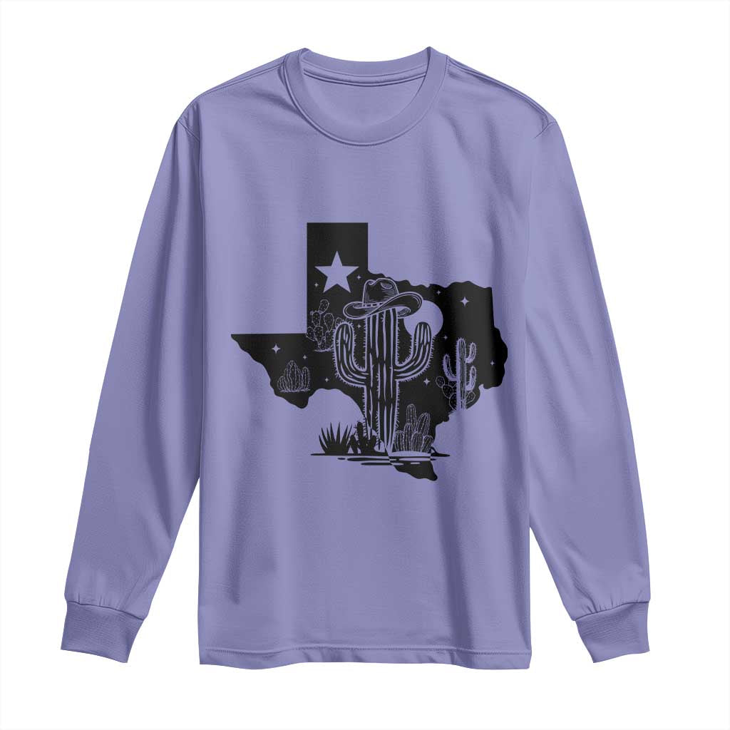 Western Pride Gift Long Sleeve Shirt Cactus Texas Map With Cowboy Hat TS12 Violet Print Your Wear
