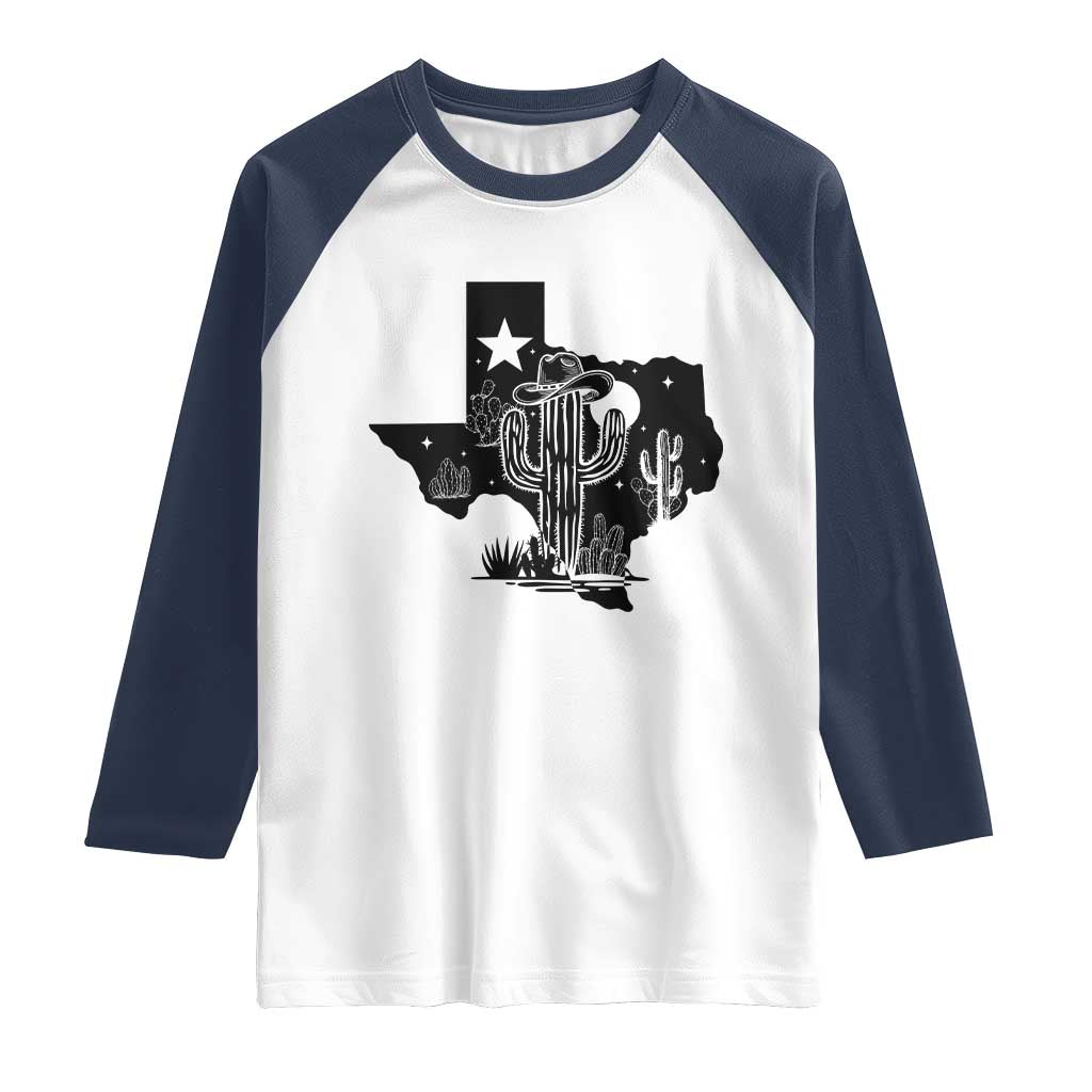 Western Pride Gift Raglan Shirt Cactus Texas Map With Cowboy Hat TS12 White Navy Print Your Wear