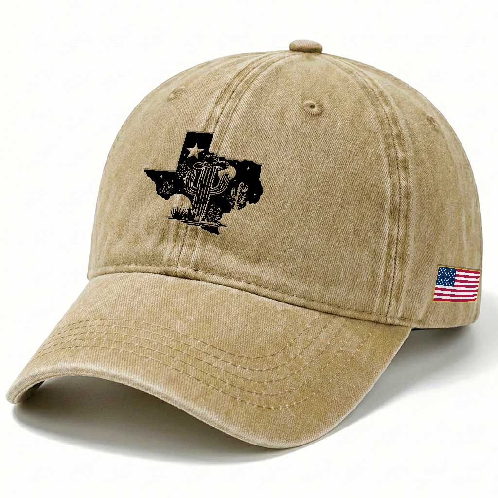 Western Pride Gift Washed Cotton Baseball Cap Cactus Texas Map With Cowboy Hat TS12 Print Your Wear