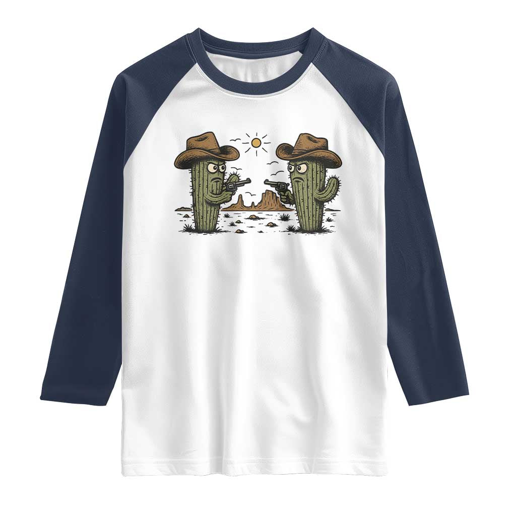 Funny Lone Star Cactus Cowboy Gunfight Gift Raglan Shirt TS12 White Navy Print Your Wear