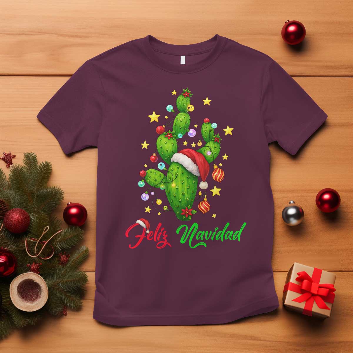 Feliz Navidad Cactus T Shirt Funny Spanish Christmas Gift TS12 Maroon Print Your Wear