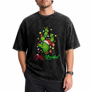 Feliz Navidad Cactus Washed Cotton T-Shirt Funny Spanish Christmas Gift