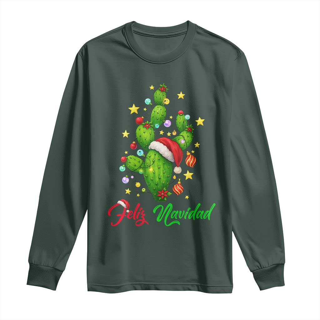 Feliz Navidad Cactus Long Sleeve Shirt Funny Spanish Christmas Gift TS12 Dark Forest Green Print Your Wear