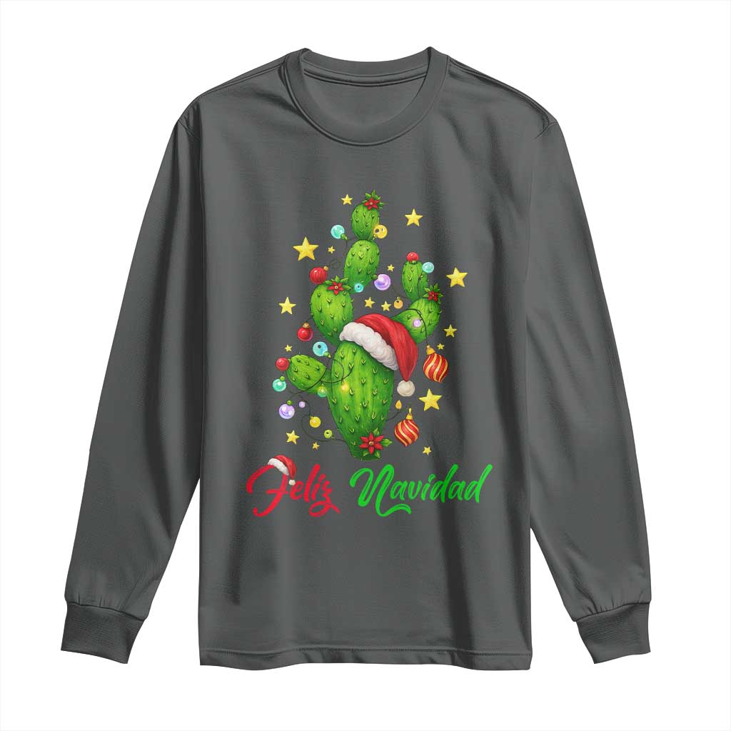 Feliz Navidad Cactus Long Sleeve Shirt Funny Spanish Christmas Gift TS12 Dark Heather Print Your Wear