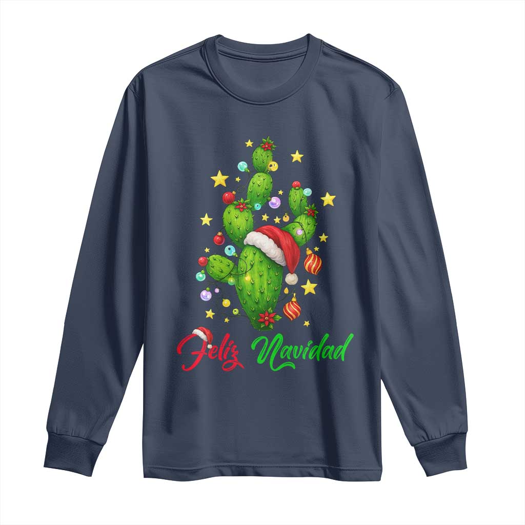 Feliz Navidad Cactus Long Sleeve Shirt Funny Spanish Christmas Gift TS12 Navy Print Your Wear