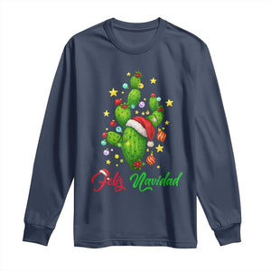Feliz Navidad Cactus Long Sleeve Shirt Funny Spanish Christmas Gift TS12 Navy Print Your Wear